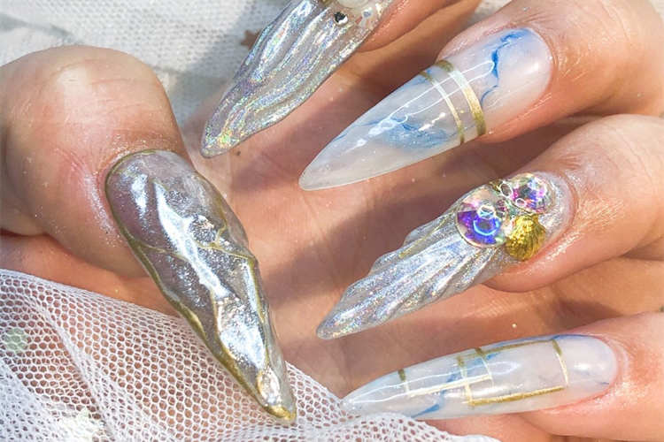 海蓝人鱼贝壳立体美甲